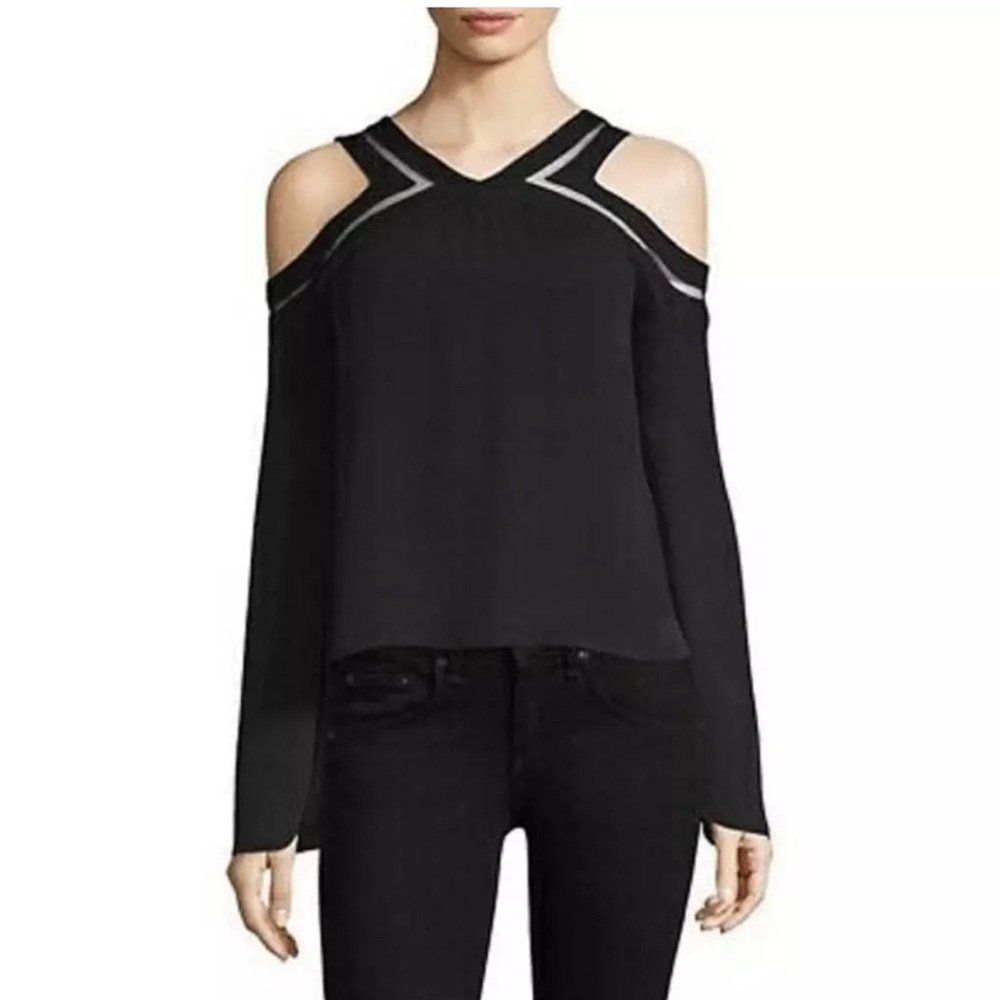 Ramy Brook Lex Cold Shoulder Longsleeve Blouse Top Silk Black Mesh Small S